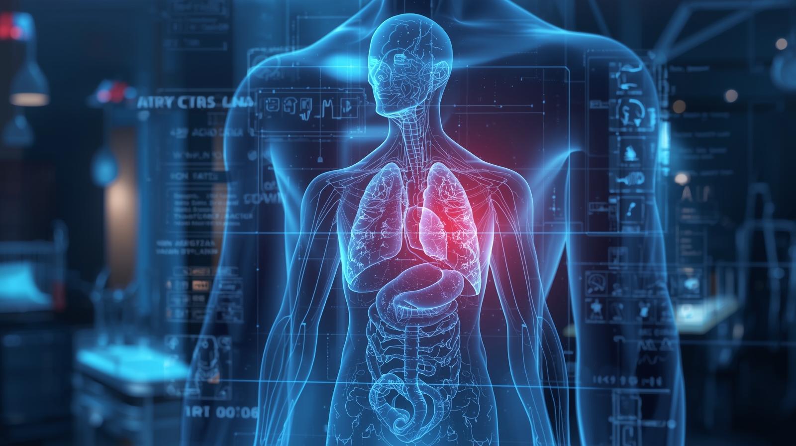 Holografski prikaz ljudskog tela sa osvetljenim plućima i medicinskim AI dijagnostičkim linijama, simbol AI navigacije tokom operacije