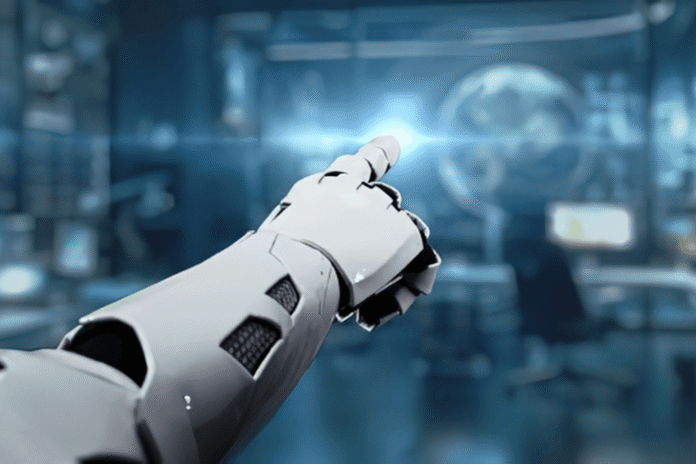 Robotska ruka koja dodiruje digitalni ekran, simbol veštačke inteligencije