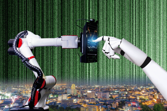AI i čovek - digitalna matrica Robotska i ljudska ruka pružaju se jedna prema drugoj na pozadini digitalnog koda