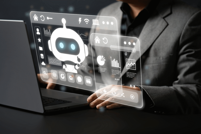 AI robot lice prikazano na ekranu tableta koji drži osoba