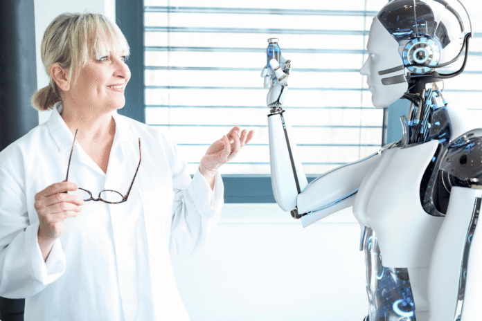 Lekarka u belom mantilu komunicira sa robotskom rukom, AI u zdravstvu