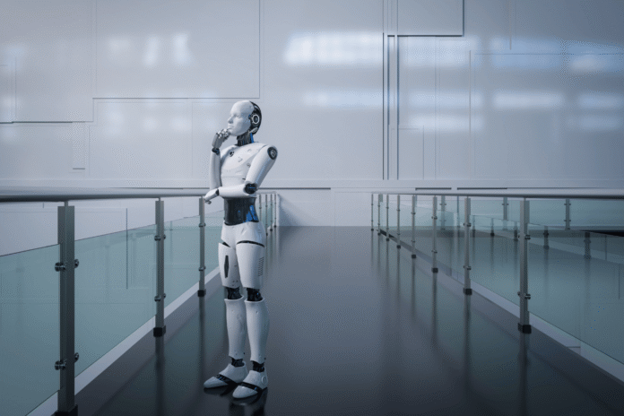 Robot stoji u serverskoj sobi sa plavim osvetljenjem, AI infrastruktura