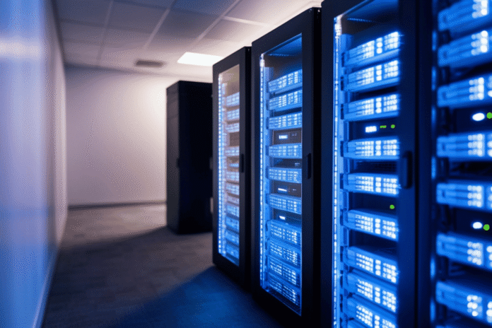 Redovi servera u data centru sa plavim osvetljenjem