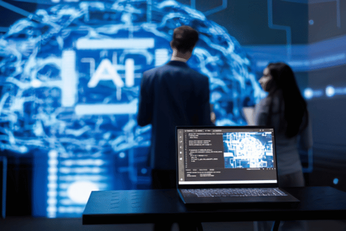 AI silueta u data centru Osoba hoda kroz serversku sobu sa digitalnom siluetom AI figure