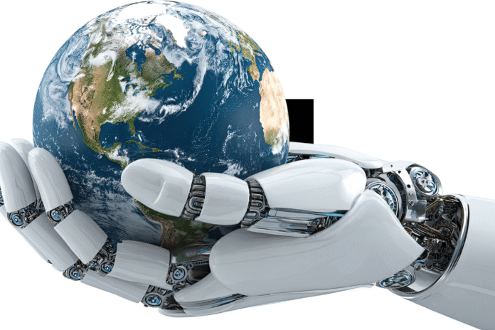 Robotska ruka koja drži svetleću globu, simbol globalne AI infrastrukture i data centara