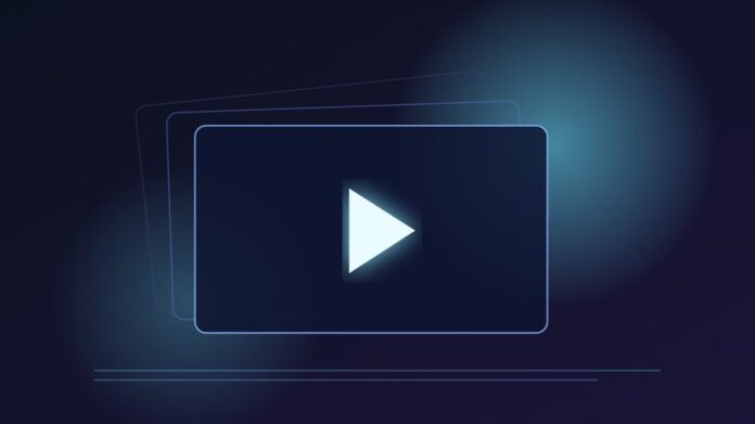 Apstraktna ilustracija AI video generatora – naslagani video kadrovi i dugme za reprodukciju