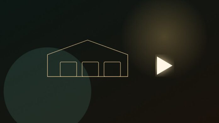 Apstraktna ilustracija male radnje sa dugmetom za reprodukciju, simbol AI videa za mali biznis