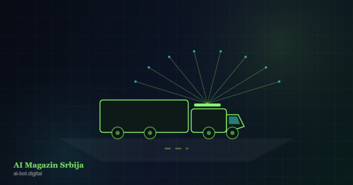 Ilustracija autonomnog teretnog kamiona sa senzorima za samovožnju na putu, simbol AI u logistici i transportu