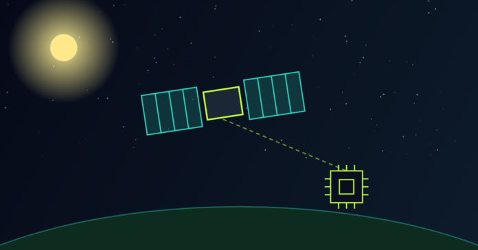 Satelit sa solarnim panelima povezan svetlosnom vezom sa AI čipom, ilustracija orbitalnih podatkovnih centara