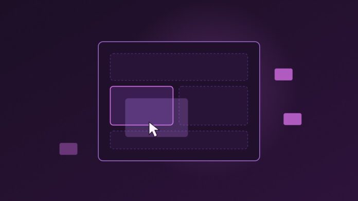 Ilustracija kursora koji drag-and-drop metodom pomera blok sadržaja na stranici, simbolizuje pravljenje sajta bez programiranja