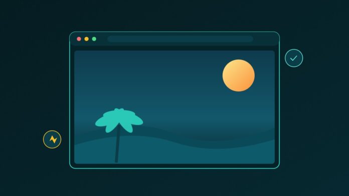 Ilustracija browser prozora sa letnjim primorskim pejzažom i palmom unutra, simbolizuje pravljenje turističkog sajta pomoću WordPress-a i AI