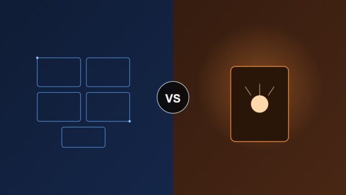 Podeljena ilustracija: levo modularni WordPress blokovi, desno AI čarobni štapić koji generiše sajt, sa VS oznakom u sredini